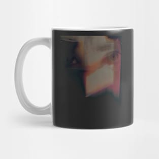 Digital collage, special processing. Abstract art. Eyes, overlay with light shapes. Beautiful. Pink and yellow. Mug